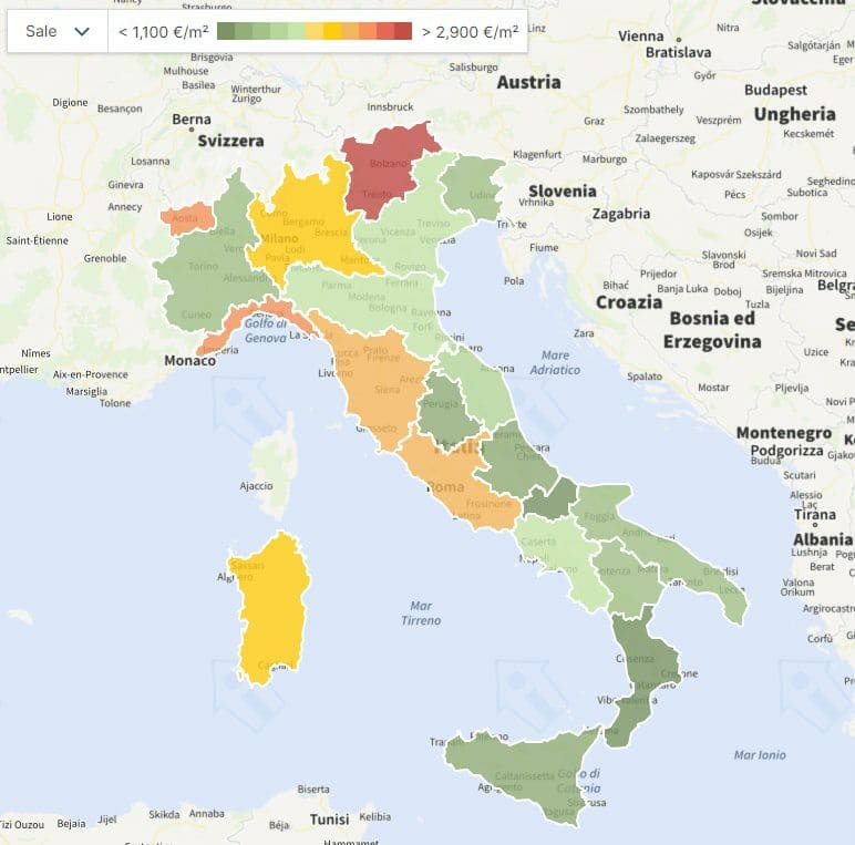 Карта цен с самыми дорогими и дешевыми регионами Италии